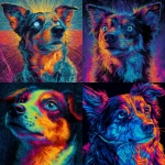 **a neon turqiose, orange , pink ,Austrailian miniature shepherd x pomerainian , one blue eye, short nose, sitting , psychedelic, blue background , acid visuals , artwork in the style of Dan mumford , bright glowing image --v 7.0** - <@1006545549706666017> (fast)
