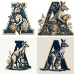**a sports logo, A block letter A with a female Kangaroo and a baby kangaroo in her pouch holding a football. colors are navy Blue, Metallic Gold, and cream, cartoon style art, white background --s 250** - <@180156009745088513> (fast)