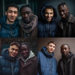 **photo of two smiling young men posing for the camera. one is white with short brown hair and a blue puffer jacket. the other male has a black skin tone and a very neat, straight rasta-style haircut, wearing a coat. the image was shot on a sony alpha a7 iii, from the front. --ar 127:128 --v 7.0 --p 7t8d38w** - <@995751013732581408> (relaxed, stealth)