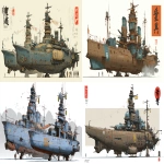 **a dnd style concept art with Ashley Wood details of two feudal japan wooden and old iron nuclear powered torpedo carrier destroyer corvette battleships, Japan Meiji era armada, have different number in the body, same size but not identical, dark industrial scifi style, labeled as armada best units, white-light sand color with wood camo accents and small hi-viz light blue and lime hazard markings, mechanical details, Japanese characters graffiti on the bombs, realistic look, moody atmosphere, a little bit foggy, signal towers, various size nobori, various size lanterns, robotic-mechanical arms, have japanese anime mural on the body, signal cabbles, on a white background in the style of Studio Ghibli and Makoto Shinkai, cel-shaded, full-body, cartoon, 2D game art --ar 11:5** - <@1043498067623686144> (fast)