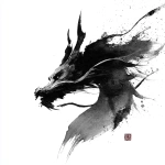 **Dark ink wash painting style, powerful dragon head in side profile, sharp face with two sleek horns, flowing beard blown by the wind, painted with bold heavy brush strokes, deep black tones with rich ink texture and splatters, dramatic and shadowy aesthetic, minimalist composition on pure white background, only the dragon’s head, refined yet fierce, sumi-e, high resolution** - Image #2 <@297413239044702208>