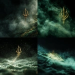 **golden trident floating in mist, black background, green waves out of focus, cinematic** - <@698304093076193312> (fast)