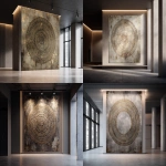 **An aged and worn paper print of an ancient Greek circular pattern adorns the wall. It is in neutral tones with hints of gold. The room has modern architecture and lighting, creating a moody yet elegant atmosphere. The wall is painted with a textured finish. --ar 32:23 --v 7.0** - <@1313000520759377972> (fast)