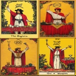 **The Magician, The Magpie Tarot, yellow background with red cloak and white shirt holding up an infinity symbol above his head over the table of s crossed wands and cups, detailed face and hands, full body portrait, red cape, dark hair on top hat, many details, colorful, yellow border around card --ar 3:5** - <@409716268476923920> (fast)