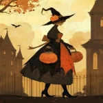**an art print of a woman with trick-or-treating bags in a halloween dress, in the style of mahogany vignettes of paris, mono-ha, doug hyde, glamorous, pictorial fabrics, midjourney swag, don northup, soft autumn color palette --ar 4:5 --niji 6** - Image #3 <@1007106543935823902>