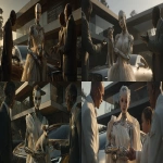 **A realistic photo of a sophisticated female android with a strikingly natural human-like face--expressive eyes, soft skin texture, subtle emotion--wearing an elegant, flowing designer gown. Discreet mechanical joints are visible on her arms and neck. She holds a small dog gracefully while standing near a sleek modern car. Two sharply dressed men engage her with intense gestures, suggesting urgency or competition. Behind them rises a minimalist, elegant villa with clean architectural lines and large glass surfaces. The atmosphere is charged with tension and energy, reflected in their postures and expressions. Dramatic cinematic lighting, warm tones, high realism, inspired by Hajime Sorayama. --chaos 5 --ar 2:1 --exp 50 --profile rvkfcw3 --stylize 150 --v 7.0 --draft** - <@1278704364331995191> (fast)