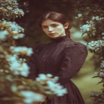 **He takes a poetic photo of a girl from the 1900s. The girl is standing in a garden. 8K full definition, maximum sharpness, the photo is soft and blurry at the edges. --ar 2:3** - Image #4 <@1101859494062989373>