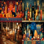 **candles and wine and a dradel and cats celebrating chanukah folk art style --ar 16:9** - <@409716268476923920> (fast)