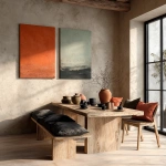 **contemporary dining room with wooden table, muted earth tones, terracotta ceramics, beige plaster wall, soft morning light, two framed vertical posters (2:3) aligned above dining bench, your art here, clean aesthetic, --ar 1:1 --s 250** - Image #4 <@936233332788854815>