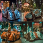 **A photo of a luxury speeder from star wars and a beautiful model. T-16 speeder and Model: a Twi'lek woman, 19-year-old, beautiful, tall, fresh. Setting: City streets or near a luxury hotel with bright neon lights. Pose: The models sitting on the hood or leaning back against the car, with lights reflecting off the polished surface. Vibe: A futuristic, edgy feel. Tight dresses, leather jackets, and bold makeup. Lighting: Use colorful neon lights to add drama. Consider long exposure shots to capture light trails. A bit backlit. --chaos 30 --ar 16:9 --raw --stylize 500** - <@352970531907305472> (fast)
