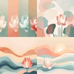 **flat decorative illustration style inspired by modern folk art, layered pastel color gradients with soft transitions, clean vector-like shapes, bold but gentle color blocks, no realistic rendering, minimal conceptual composition, large empty negative space, one single lotus flower silhouette placed in the lower right area, lotus simplified and iconic, smooth organic outline, four seasons represented by color zones distributed across the canvas, spring area in soft pink and light green, summer area in warm coral and light blue, autumn area in muted orange and warm red, winter area in cool blue and pale cyan, seasons expressed only through color fields and gradients, no seasonal objects, no scenery, no background illustration, balanced modern layout, graphic design poster style, clear spatial separation between seasonal color regions, calm, refined, contemporary, --ar 3:2 --v 6.0 --raw** - &lt;@1399973686940795053&gt; (fast)