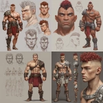 **Character design sheet. Realistic 3d rendering. Character design sheet of a ruggedly handsome, Hyper muscular handsome half orc, bodybuilder, bright silver eyes, short curly red Mohawk, short pointed ears, defined muscles, Huge leg muscles, huge pectoral muscles, big arm muscles, vascular hyper muscular, wide Grecian nose, strong square jaw, defined cheek bones, masculine features, freckles, Bodybuilder, short pointed ears, wearing Roman gladiator armor. --v 7.0** - <@1222981214734913607> (relaxed)