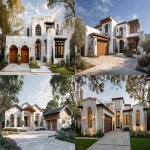 **front driveway view of soft modern house with arched windows, white stucco, and wood accents --ar 16:9 --v 7.0** - <@409035117881982988> (fast)