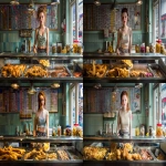 **English fish and chip shop, young attractive glistening woman wearing what might be considered a dangerous outfit to wear around hot oil; a mini skirt and cropped top. Scooping chips out of a vast fryer filled with oil, a glass display cabinet atop the fryers in front of her at chest height, with warm battered offerings contained: battered cod, piles of saveloy sausages, pies in aluminium foil dishes. On the counter top are Proper large salt and vinegar in white plastic, shakers , wooden forks and large jars of pickled onions and pickled eggs. paper wrapping for the chips. colourful chip shop menu on a tiled wall behind her, epsilon aurigae reflected on the menu and tiles, epsilon aurigae beaming from the window, retro futurism --ar 16:9 --raw** - Remix (Subtle) by <@744210433703018499> (relaxed)
-# Create, explore, and organize on [midjourney.com](<https://midjourney.com/imagine?from_discord=1>)