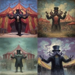 **a carnival ring master with tentacles for his head under his black top hat is welcoming you to the creepy weird Lovecraftian carnival, as a front page art piece painting, --ar 8:11** - <@1035886146422583346> (fast)