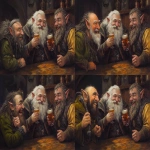 **burly and grim dwarves from the hobbit sharing laughs and pints at trivia night in a tavern, dungeons and dragons art --ar 3:2** - Pan Left by <@245803813255118849> (fast)