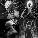 **black and white illustration / of a ripped alien man / infused with massive biomechanical tendrils / etched with intricate textures / heavy industrial aesthetics / dark futuristic fantasycore / atmospheric / eerie / foreboding / grainy / gritty / grungy / macabre / menacing / moody / mysterious / ominous / phantasmagorical / strange / uncanny** - <@1080572898269466724> (relaxed)
