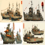**a dnd style concept art with Ashley Wood details of two feudal japan wooden and old iron nuclear powered destroyer boats, Japan Meiji era armada, have different number in the hull, same size but not identical, dark industrial scifi style, labeled as fleet's best boats, camel-deep sand color with orange accents and small hi-viz lime and red hazard markings, mechanical details, Japanese characters graffiti on the hulls, realistic look, moody atmosphere, a little bit foggy, signal towers, various size nobori, various size lanterns, robotic-mechanical arms, have japanese anime mural on the hulls, signal cabbles, on a white background in the style of Studio Ghibli and Makoto Shinkai, cel-shaded, full-body, cartoon, 2D game art --ar 11:5** - <@1043498067623686144> (fast)