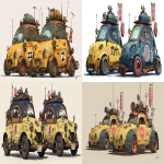 **a dnd style concept art of two feudal japan nuclear powered racing cars made from wood and old iron that inspired by smart fortwo rally racing cars style, have a radioactive tank with mini nuclear reaction on the roof, have different number in the body, same size but not identical, dark industrial scifi style, labeled as word fastest racing cars, navy-yellow color and red racing decals with small lime hazard markings, mechanical details, Japanese characters graffiti on the body, realistic look, moody atmosphere, a little bit foggy, signal antennas, various size nobori, a lot lucky charms and some lanterns, have japanese anime stickers and some big racing sponsors decals on the body, signal cabbles, on a white background in the style of Studio Ghibli and Makoto Shinkai, cel-shaded, full-body, cartoon, 2D game art --ar 11:5** - <@1043498067623686144> (fast)