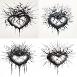 **a horror art version A simple ink illustration depicting a sacred heart with a crown of thorns and two nails piercing through it. The heart is surrounded by sun rays behind the head and barbed wire, all rendered in simple black lines on a white background. --ar 73:113 --v 6.1** - <@266536820160987136> (fast)