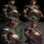 **Realistic 3d rendering. Epic battle scene. pregnant, Hyper muscular young elf with protruding stomach, handsome, tall, square jaw, short curly red hair, bright silver eyes, full bow-shaped bow-shaped, lips, defined muscles, vascular, freckles, pregnant belly, tattoos, square jaw, masculine features, handsome, short curly red hair, hyper oversized muscles, massive muscular arms, massive muscular biceps, massive muscular forearms, massive muscular legs, massive muscular thighs, massive muscular calves, hyper massive muscles, wearing leather armor, huge muscles, handsome, carrying large sword, running into battle. Realistic. --ar 9:16 --v 7.0** - <@1222981214734913607> (fast)