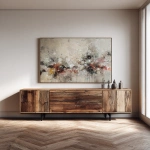 **a large floral abstract painting on canvas displayed above a modern rustic wood sideboard with black metal legs. the painting features neutral tones and faded, muted colors. the room has herringbone floors, reflecting a luxury home interior design that is both edgy and minimalist. --ar 51:64 --v 7.0** - Image #2 <@1313000520759377972>