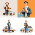 **A middle-aged man holds a phone in his hands with a satisfied expression, a blue, white, orange, beige, and gray car 3d icon animation style** - <@724650895828189215> (fast)