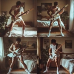 **a guy rocking his electronic guitar at home in his boxershort, he is wearing white socks and a loose white t-shirt, super realistic photo, HD** - Variations (Strong) by <@1125339774677426227> (fast)