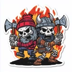 **Ad for Axe throwing company. A skeleton Lumberjack, wearing a Red Buffalo Plaid Beanie and Shirt and a Skeleton Viking Wearing Body Armor fighting each other with axes. Fierce, Angry, Flames, Skulls, Crows, Cartoon, Thick Black Outline, White Background, Sticker, Vector --v 7.0** - Upscaled by <@1067982535730151454> (relaxed)
-# Create, explore, and organize on [midjourney.com](<https://midjourney.com/imagine?from_discord=1>)