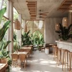 **A minimalist tropical restaurant design, seamless indoor-outdoor flow, white concrete walls, warm wood slats, lush indoor plants, rattan furniture, soft natural sunlight, serene atmosphere, architectural visualization --ar 3:2 --v 6.0** - Image #2 <@1296729788215595112>