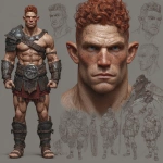 **Character design sheet. Realistic 3d rendering. Character design sheet of a ruggedly handsome, Hyper muscular handsome half orc, bodybuilder, bright silver eyes, short curly red Mohawk, short pointed ears, defined muscles, Huge leg muscles, huge pectoral muscles, big arm muscles, vascular hyper muscular, wide Grecian nose, strong square jaw, defined cheek bones, masculine features, freckles, Bodybuilder, short pointed ears, wearing Roman gladiator armor. --v 7.0** - Image #3 <@1222981214734913607>