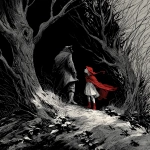Grimm children's book illustration, Little Red Riding Hood, Style of Will Eisner, Gloomy, Dark, Black and White with Red Colors --v 7.0  <@298019943746633729>