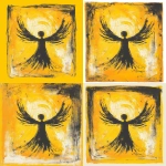 **Music graphic design block print with crayon / brushstrokes. Depicting an image of angel love, sun shining down. The overall style is very abstract and minimalist tribal with a lot of energy --v 6.1** - Zoom Out by <@1175766308323864687> (fast, stealth)