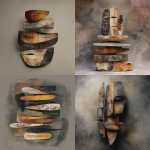 **floating stack of abstract plates with elongated knife shapes, geometric mask-like forms, rough matte texture, muted gray and ochre palette on a smoky warm-gray background, thin expressive lines, ritualistic stillness, Peggy Kuiper inspired atmosphere** - <@1247660892770795582> (fast)