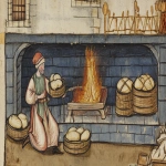 **Medieval illuminated manuscript scene depicting [baker kneeling beside an open hearth with fire roaring; heavy sacks and loaves of dough nearby], flat perspective, rich saturated colors, delicate black outlines, 14th century European manuscript style, parchment texture, simplified stylized figures with pale complexions and rosy cheeks, architectural background with blue-gray walls, minimal shading, historical accuracy, --ar 16:9 --v 6.1 --raw** - Image #1 <@1168965155363762248>