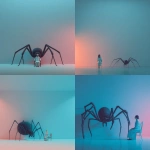 **a giant black spider is sitting on the floor next to an woman , seated in front of her chair. the background color scheme includes light blue and pink gradient tones, creating a minimalist composition. in the style of surreal image, the overall atmosphere conveys a sense of calmness. realistic photograph** - <@1282363709964025901> (fast)