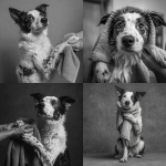 **create a granular black and white photograph of a border collie dog standing on it’s hind legs giving a hot towel shave to its owner. The dog is mostly white with black speckles and a large black patch over one eye. The dog is wrapping a towel around the face of its owner with its front paws** - <@1063553018886373386> (fast)
-# Create, explore, and organize on [midjourney.com](<https://midjourney.com/imagine?from_discord=1>)