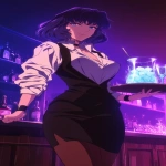 **Fuzzy 90s Anime screengrab, A night club filled with smoke and mirrors that reflect the single beauty standing back a bit walking forward, it's a woman in a business jacket and a long pencil skirt, dark brown stockings, she's carrying a tray with a large pitcher of ice that has glistening blueish square cubes inside and condensation down the glass, her hair midnight blue with purple tips and short cut hair ending around the shoulders, confident smile, narrow squinting blue eyes, pencil thin black eyebrows flat --ar 3:5 --niji 6** - Image #2 <@372629349565988865>