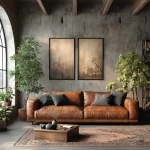 **industrial loft interior, exposed concrete wall, soft warm lighting, brown leather sofa, vintage rug, tall leafy plants, two vertical framed posters (2:3 ratio) side by side on wall, perfectly matching textured artwork, photorealistic, --ar 1:1 --s 250** - Image #4 <@936233332788854815>