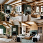 **editorial photo of a cozy moody traditional-modern living room with ribbed glass-fronted and oak ribbed shaker cabinetry with brass sleek cylindrical handles, an exotic forest green granite fireplace with bold veins, white modern sofa and accent chairs, large ribbed oak coffee table, beige knitted throw blankets and throw pillows, black ribbed round end tables, Natural oak plank flooring with a traditional light green rug, oak ceiling beams. ARRIFLEX 35 BL camera, high definition quality, Canon K35 Prime Lens, bright and airy --ar 4:5 --raw** - <@1230559318680670299> (fast)