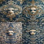 **<https://s.mj.run/BENSP7WwF18> an intricate and detailed wallpaper of an embroidered royal pattern with blue, white, and gold colors, a small cow wearing sunglasses in the center, surrounded by baroque ornaments in the style of the renaissance. --ar 13:25** - <@1103975769467789322> (relaxed)