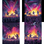 **award-winning concert poster in vibrant blacklist poster coloring, displaying a 4-piece rock band of astronauts jamming on a stage with an insane laser light show illuminating them and a frothing-at-the-mouth audience** - Variations (Strong) by <@539290812681551874> (fast)