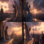 **marble angel statue sitting on a cathedral ledge, overlooking an ancient European city at sunset, warm golden sunlight reflecting on the marble surface, dramatic sky with orange and purple clouds, detailed feathers, cinematic lighting, serene and melancholic mood, ultra realistic 8k, architectural background with domes and spires, depth of field, --ar 16:9 --v 7.0 --raw** - <@840206790985383936> (fast)