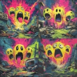 **80s horror B-movie poster style UK bassline cover art, acid rave theme, dripping yellow smiley faces with tongues out and sweat, chaotic debris, exaggerated lighting, VHS grain, neon green and pink palette, hand-painted airbrush textures, campy sci-fi horror vibe, glowing outlines, dramatic composition, inspired by Phatworld, Mozey, Interplanetary Criminal, --ar 1:1 --v 7.0 --s 850 --q 2 --raw** - Variations (Strong) by <@289277077293760513> (fast)