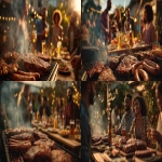 **A cinematic realistic photograph of a group of Latino friends enjoying a festive barbecue, the meat is the hero of the scene. Juicy grilled beef, ribs, sausages, and steaks on the table and grill, with smoke and warm light highlighting the texture of the meat. Friends laughing, serving food, and holding drinks, captured in a natural and joyful moment. Shot with cinematic framing, shallow depth of field, warm golden-hour lighting, Leica camera, Cooke lens. Vibrant atmosphere, modern Latin American setting, cozy outdoor patio decorated with subtle festive lights. High realism, cinematic look, emotional and appetizing. --ar 16:9** - <@1081350310305468467> (fast)