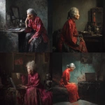 **Oil painting, moody lighting, prominent brush strokes, elderly grey haired Chinese woman dressed in a tattered and dirty red Qun Kwa wedding dress, Painting on wall, gazing into a dirty mirror in a dingy apartment, by Zhang Jingna, Zhang Xiaogang's style, melancholic atmosphere, tattered robot companion, laptop computer --ar 5:4 --v 7.0 --no star wars characters --chaos 3** - <@988364629556199494> (fast)
-# Create, explore, and organize on [midjourney.com](<https://midjourney.com/imagine?from_discord=1>)