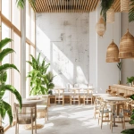 **A minimalist tropical restaurant design, seamless indoor-outdoor flow, white concrete walls, warm wood slats, lush indoor plants, rattan furniture, soft natural sunlight, serene atmosphere, architectural visualization --ar 3:2 --v 6.0** - Image #1 <@1296729788215595112>