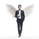**a cool Asian man aged 25-27, wearing a dark navy suit and pants, light brown hair, walking forward while holding an iPad in one hand and the other hand in his pants pocket, smiling happily, large white angel wings on his back, facing forward, low angle view looking slightly upward, clean white background, soft studio lighting, realistic, sharp details, 4K** - Image #4 <@427615579231485956>