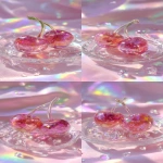 **a highly detailed crystal cherry art piece, shaped like a pair of cherries made entirely of translucent gemstone, iridescent rainbow reflections, sparkling diamond-like textures, placed on a clear glass plate, surrounded by crystal droplets, soft pastel lighting, dreamy glossy aesthetic, hyper realistic photography, fantasy luxury concept --ar 9:16** - Variations (Strong) by <@1240240057374478349> (fast)