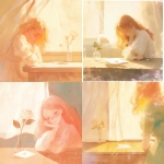 **A soft pastel romantic album cover illustration, delicate watercolor style. A gentle dreamy atmosphere with a young woman sitting near a wooden table by a window. On the table, a single white rose in a glass vase and a vintage envelope. Warm sunlight softly illuminating the scene. The woman's face is partially hidden by her flowing hair. The background shows a translucent curtain with subtle Indian patterns. The color palette is pastel pink, beige, and cream. Minimalistic, poetic, emotional, two-dimensional illustration. No text. --niji 6** - <@1212945075831836692> (relaxed)